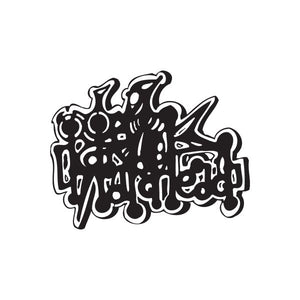 Graffiti decal with black stylized lettering and graphic shapes