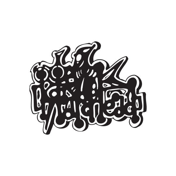 Graffiti decal with black stylized lettering and graphic shapes