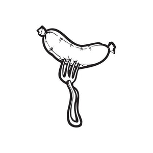 Bratwurst on a fork decal, black-and-white line art