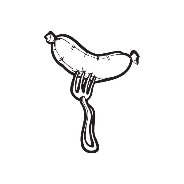 Bratwurst on a fork decal, black-and-white line art