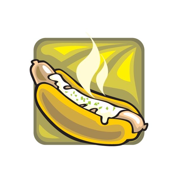 Bratwurst food sticker with mustard, black outline, and yellow flames