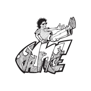 Graffiti breakdancer decal with black-and-white dancer and bold tag lettering