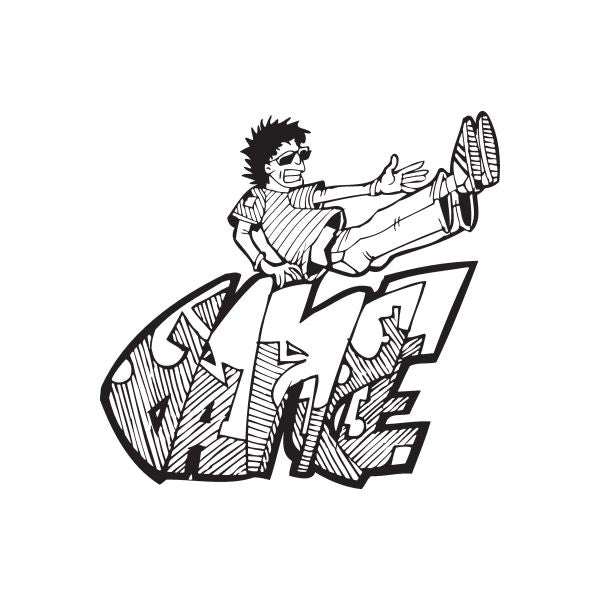 Graffiti breakdancer decal with black-and-white dancer and bold tag lettering