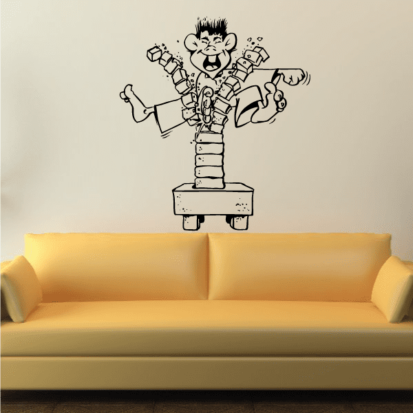 Kung fu wall decal with cartoon fighter breaking blocks atop a platform