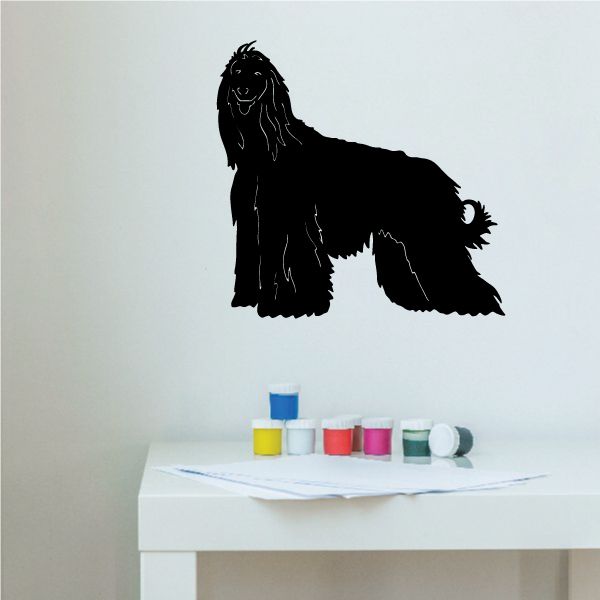 Black Afghan Hound decal with standing profile silhouette and flowing fur details