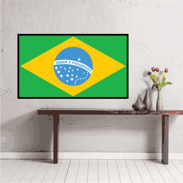 Brazil flag sticker, rectangular with green field, yellow diamond, blue globe logo