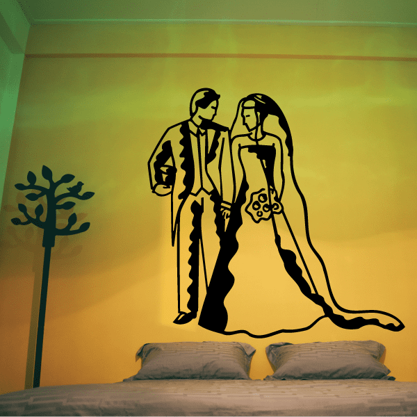 Bride and groom wall decal in black outline, with couple and bouquet