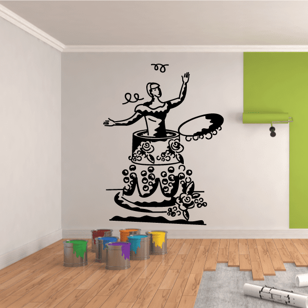 Wedding cake bride wall decal, black line art with ornate flourishes and topper cake