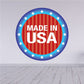 Round sticker reading "MADE IN USA" with blue star rim and red striped center