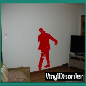 Zombie walking wall decal, red silhouette with broken-style details