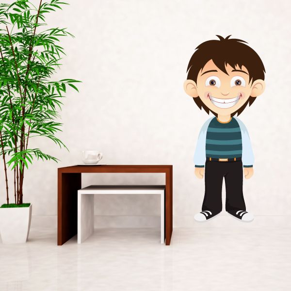 Cartoon boy sticker with brown hair, blue striped shirt, dark pants, smiling face