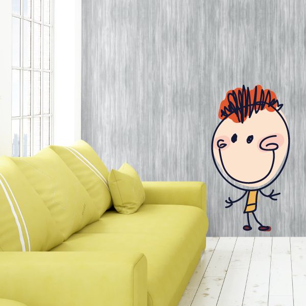 Cartoon boy sticker with brown hair, smile, and red shoes