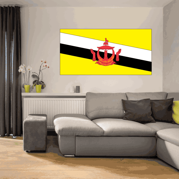 Rectangular Brunei flag sticker with yellow field, diagonal black-white bands, and red emblem