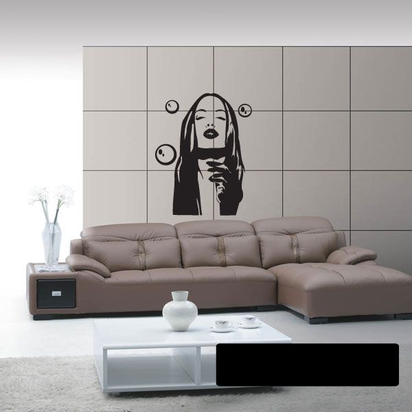 Black line-art face decal with bubble swirls near hair