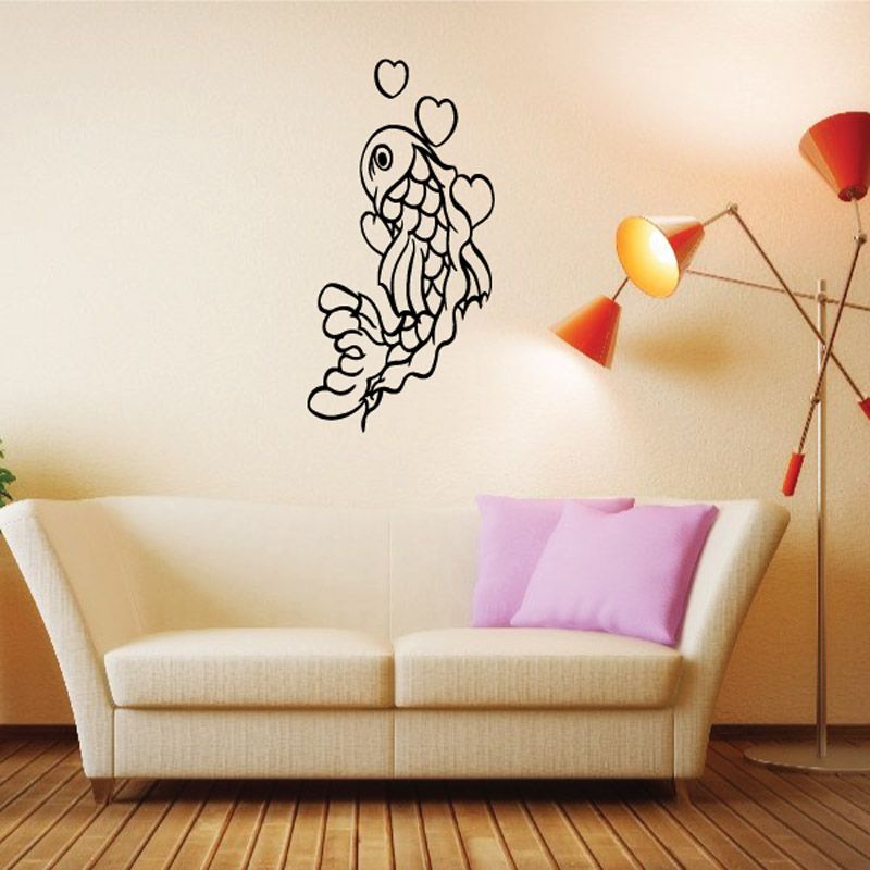 Koi fish wall decal with heart outlines, black line art