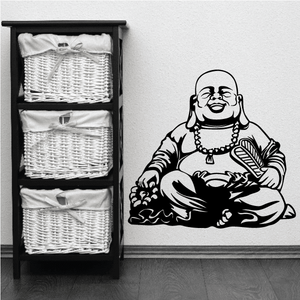 Black Buddha meditation wall decal, seated with hands in lap and robe details.