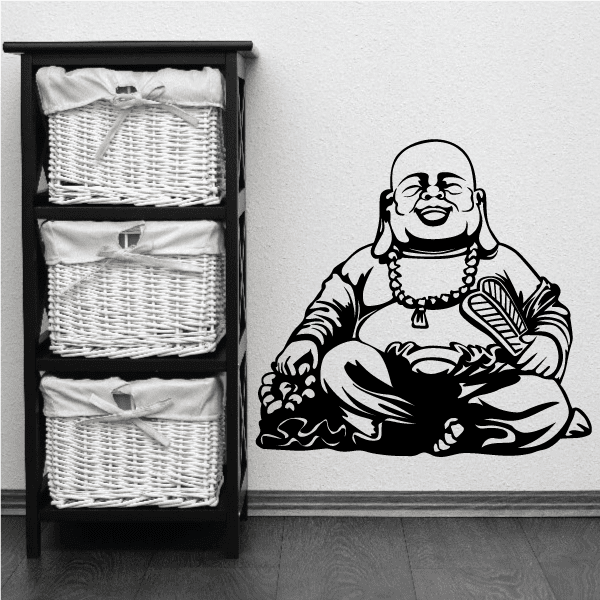 Black Buddha meditation wall decal, seated with hands in lap and robe details.