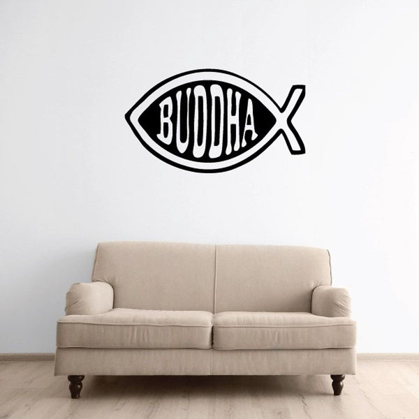 Buddha fish religious decal, black outline with Buddha text inside