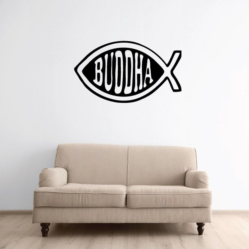 Buddha fish religious decal, black outline with Buddha text inside