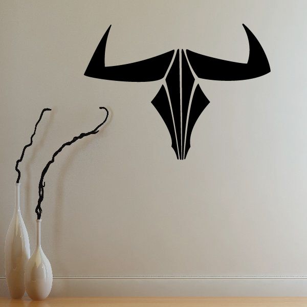 Bull skull tribal wall decal vinyl, black horns and skull with geometric lines