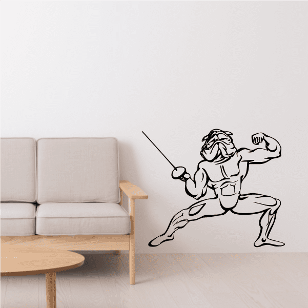 Bulldog fencing mascot decal: black bulldog holding a leash line in a running pose