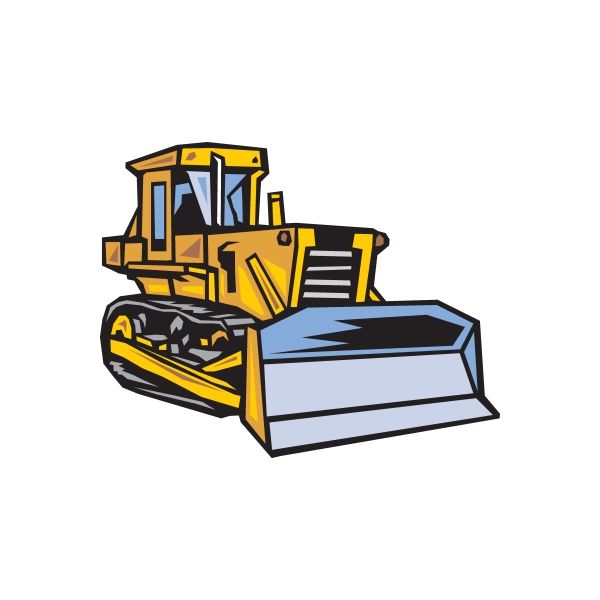 Cartoon bulldozer sticker with yellow body, black details, and blue front blade