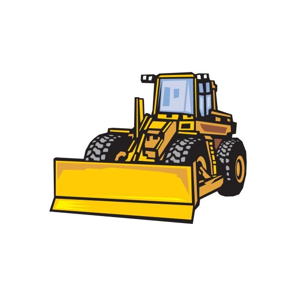 Yellow bulldozer wheels sticker with front blade and black treaded tires