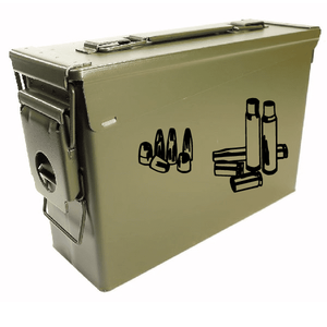 Bullets and casings decal with black bullet and cartridge graphics on olive ammo can