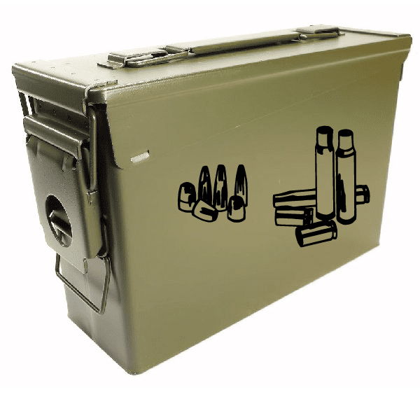 Bullets and casings decal with black bullet and cartridge graphics on olive ammo can