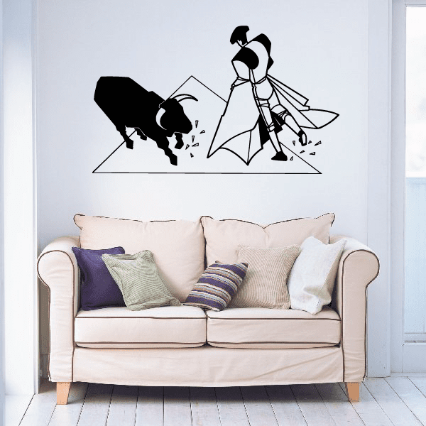 Bullfighter taunting bull wall decal, black silhouette with geometric white background