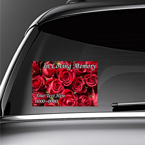 Memorial custom sticker: red roses with 'In Loving Memory' and 'Your Text Here'