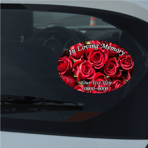 Oval memorial rose sticker with red roses, 'In Loving Memory' and 'Your Text Here'.
