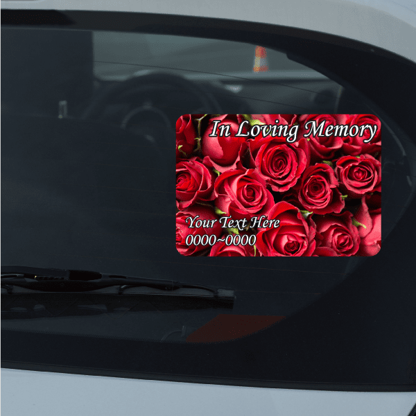 Memorial sticker with red roses, 'In Loving Memory' and 'Your Text Here'.