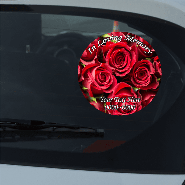 Circular memorial sticker with red roses, “In Loving Memory” and “Your Text Here”