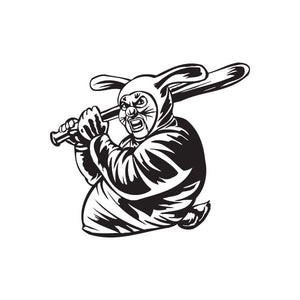 Bunny clown bat decal in black-and-white line art