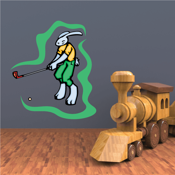 Golf bunny wall decal: green outline, bunny golfer holding a club, yellow shirt