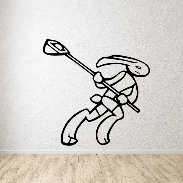 Bunny lacrosse player decal, black outline bunny holding a lacrosse stick