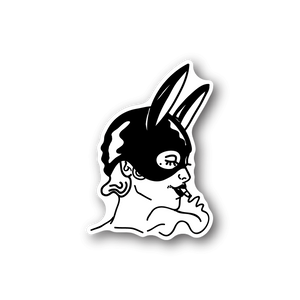 Bunny mask lady vinyl sticker with white bunny-eared face and black outline