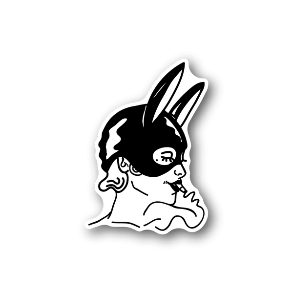 Bunny mask lady vinyl sticker with white bunny-eared face and black outline