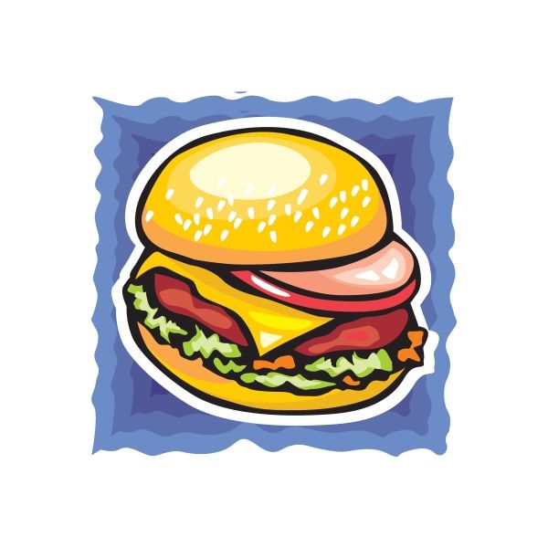 Burger sticker with illustrated hamburger bun, patty, cheese, and lettuce