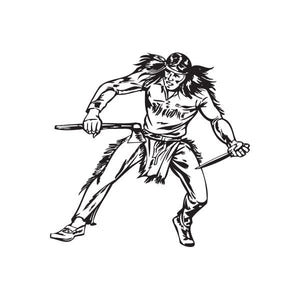 Native warrior decal of illustrated man crouching with rifle, black line art on white