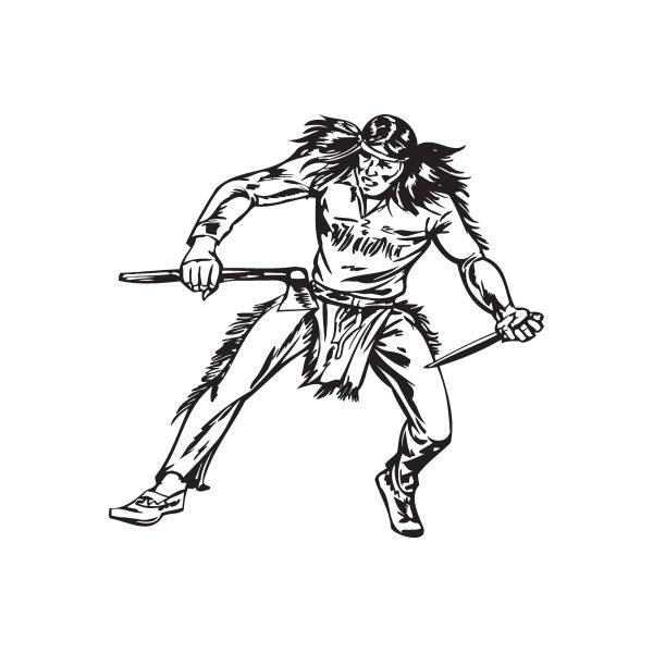 Native warrior decal of illustrated man crouching with rifle, black line art on white