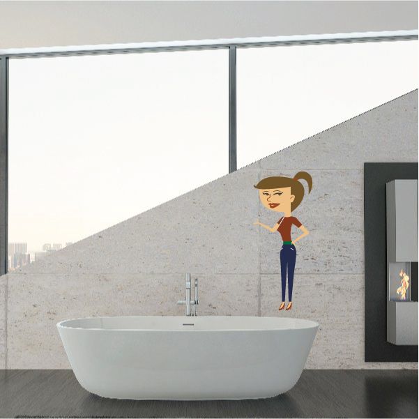 Woman sticker with ponytail, red top and blue pants, cartoon standing pose