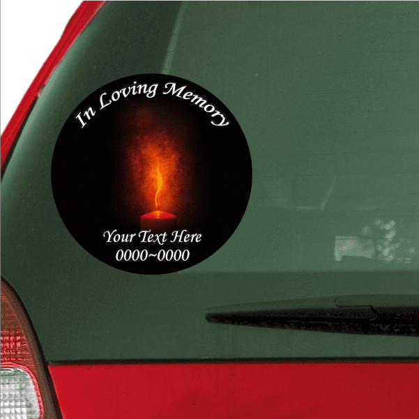 Round black memorial sticker with burning candle graphic and 'In Loving Memory' text
