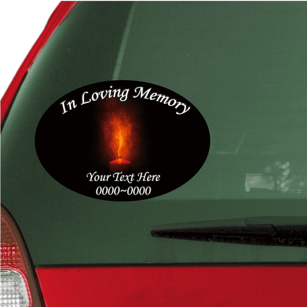 Oval memorial sticker with glowing candle and In Loving Memory, Your Text Here.