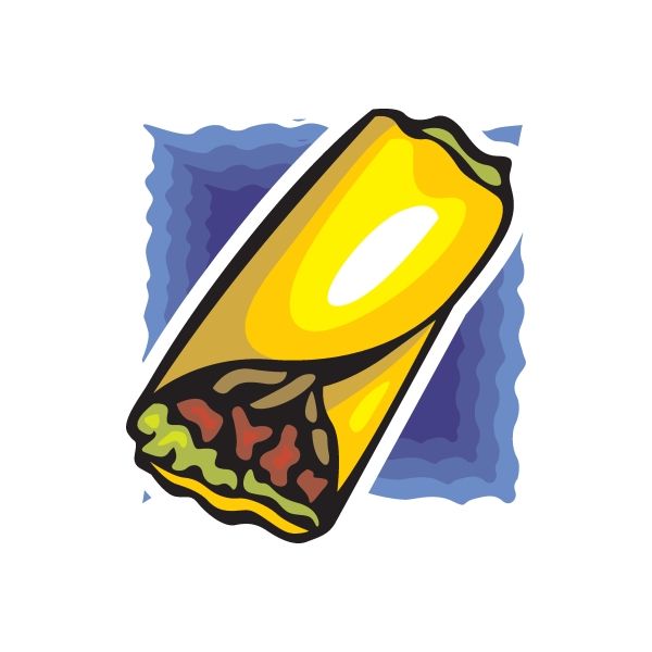 Burrito sticker with yellow tortilla and colorful fillings in a cartoon style