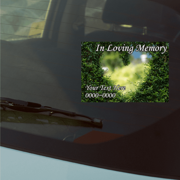Rectangular memorial sticker with text “In Loving Memory”, “Your Text Here”, and heart graphic