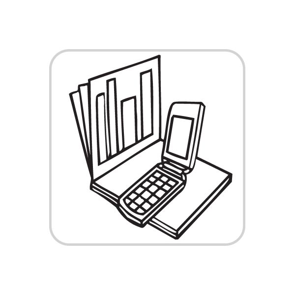 Business office icon wall decal with open laptop, smartphone and skyline bars, black outline