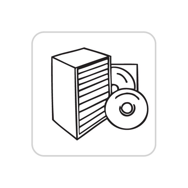 Business icon vinyl wall decal featuring a black building and circular audio disc with sound lines