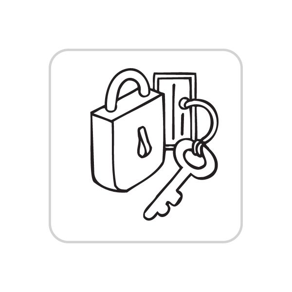 Business icon vinyl decal with padlock, key, and stacked money bills line art